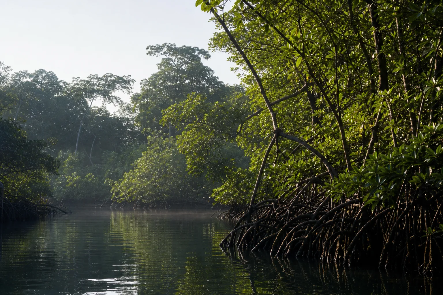 Ecosistema de manglar y sus raíces sobre un canal de agua